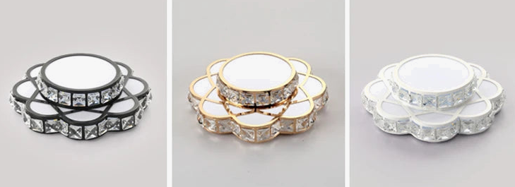 Golden Crystal Floral Decorative LED chandelier with intricate crystal details and gold highlights, elegantly illuminated.