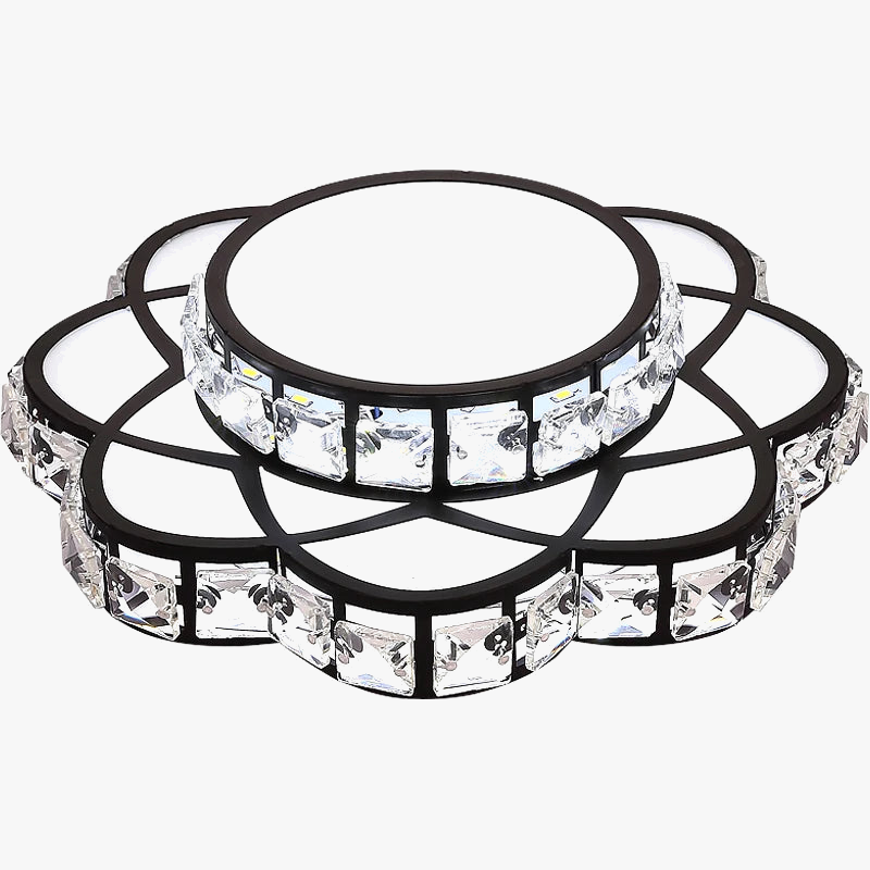 Modern round chandelier with double-layered floral design, black frames, and embedded golden crystals.