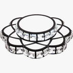 Modern round chandelier with double-layered floral design, black frames, and embedded golden crystals.