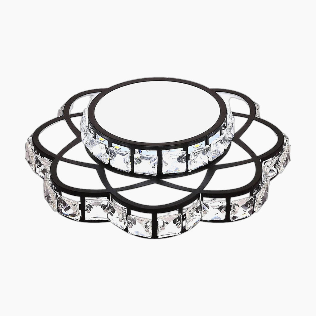 Modern chandelier with two gold rings, clear faceted floral crystals, and integrated LED lighting.