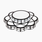 Modern chandelier with two gold rings, clear faceted floral crystals, and integrated LED lighting.