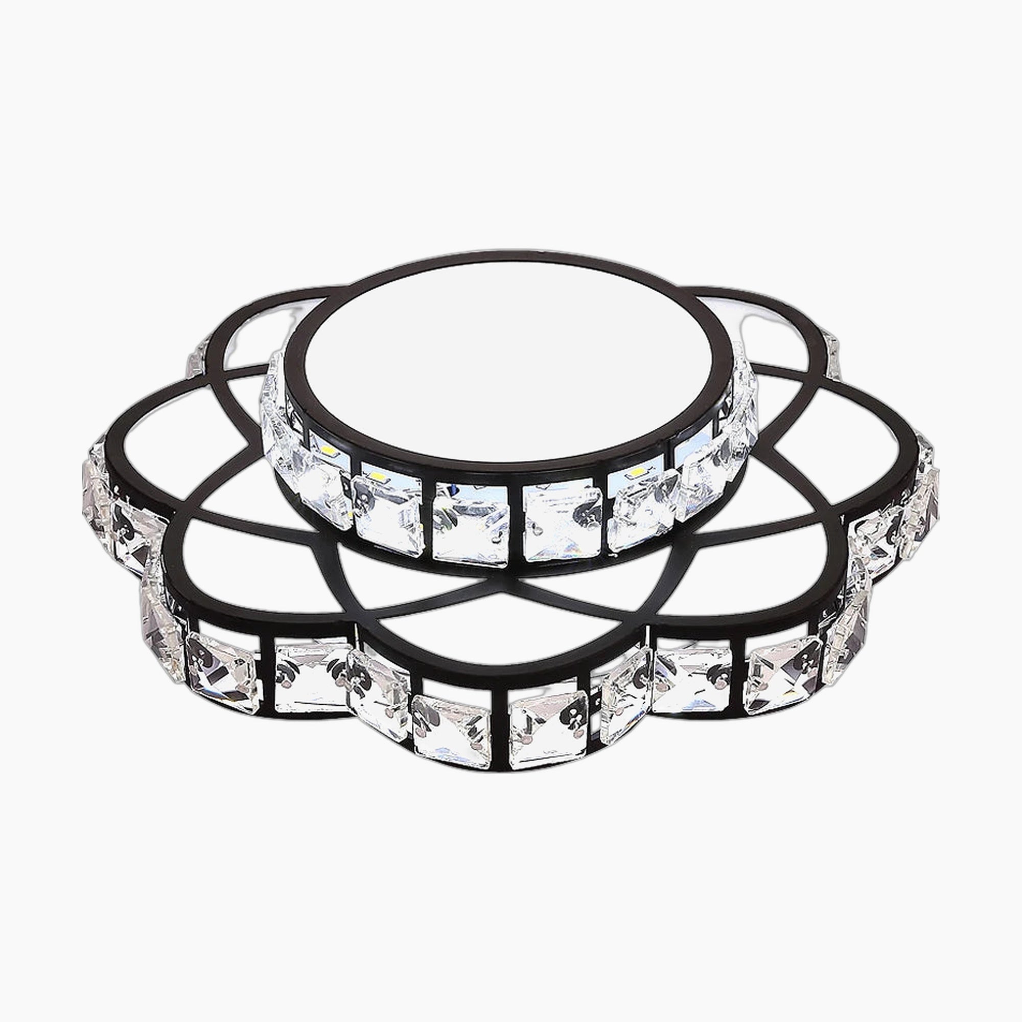 Modern chandelier with two gold rings, clear faceted floral crystals, and integrated LED lighting.