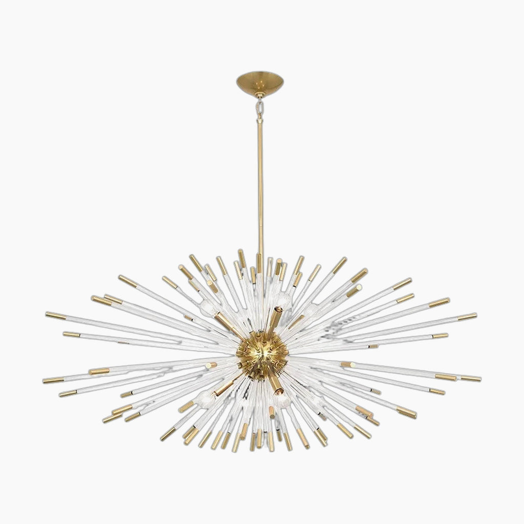 Gold and clear glass rods radiate from a gold sphere, forming an elegant starburst chandelier.