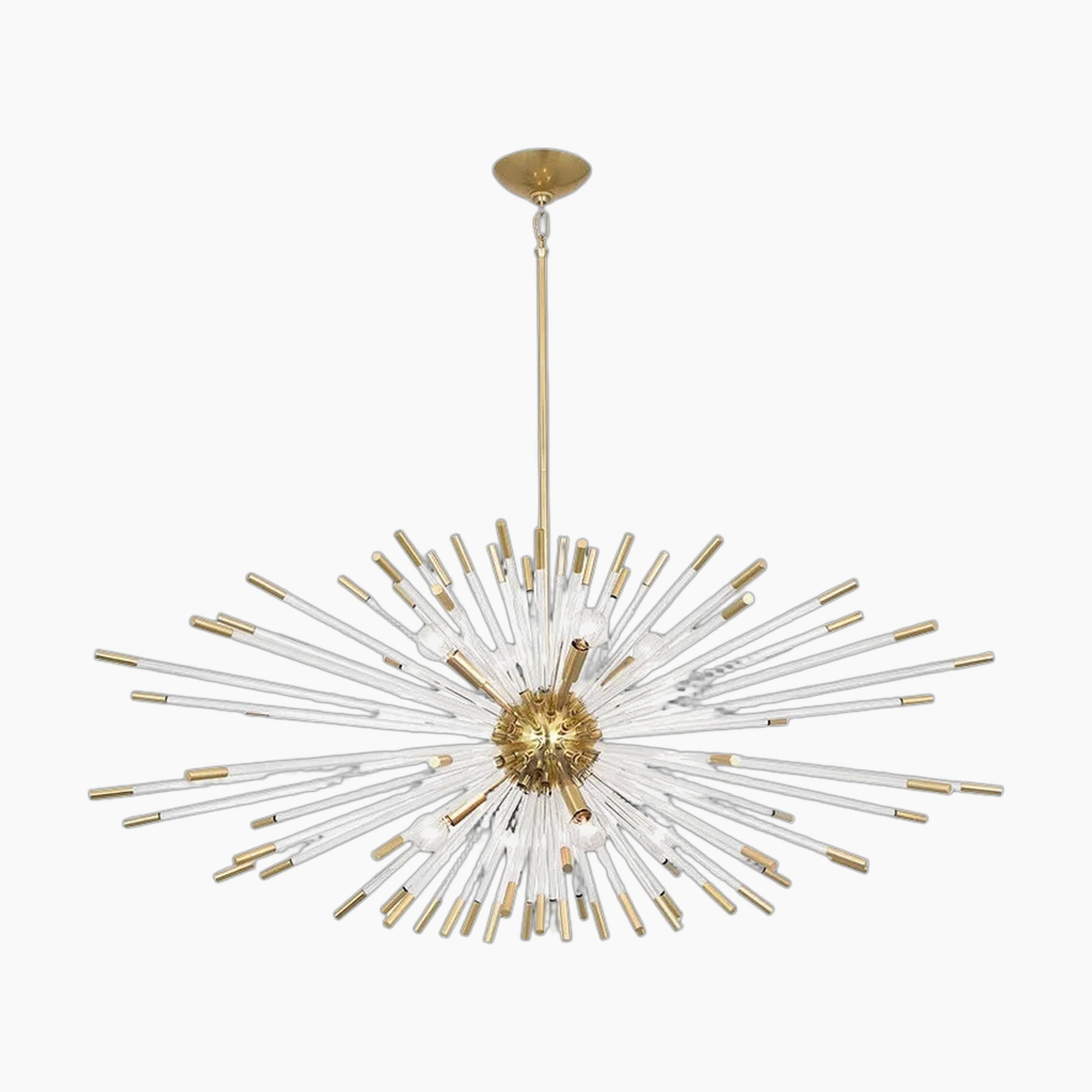 Gold and clear glass rods radiate from a gold sphere, forming an elegant starburst chandelier.