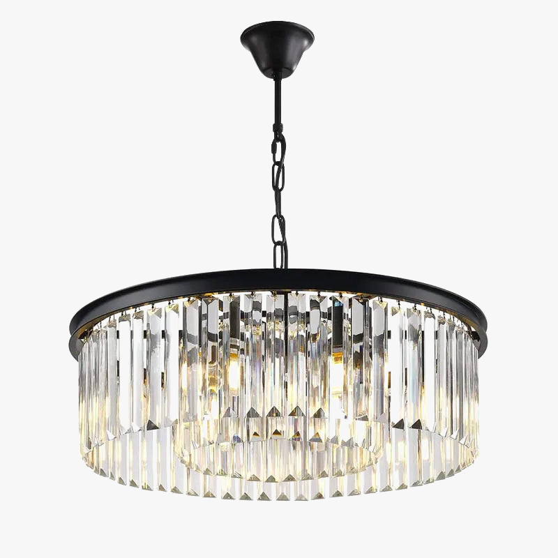 Modern round black metal chandelier with dual crystal prism tiers and multiple LED bulbs.
