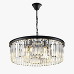 Modern round black metal chandelier with dual crystal prism tiers and multiple LED bulbs.
