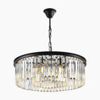 Two-tiered Nordic crystal chandelier with vertical glass crystals and black finish, suspended elegantly.