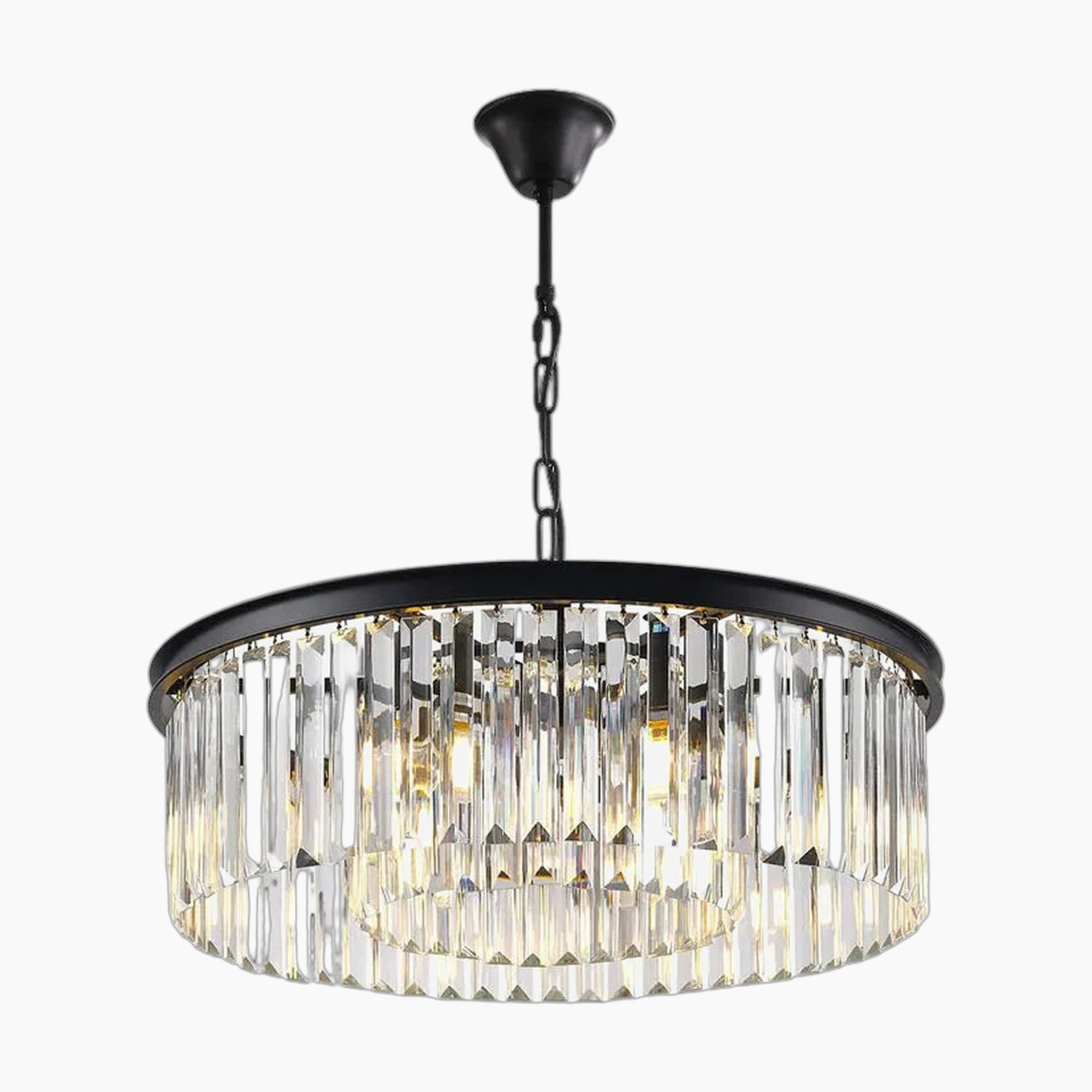 Two-tiered Nordic crystal chandelier with vertical glass crystals and black finish, suspended elegantly.