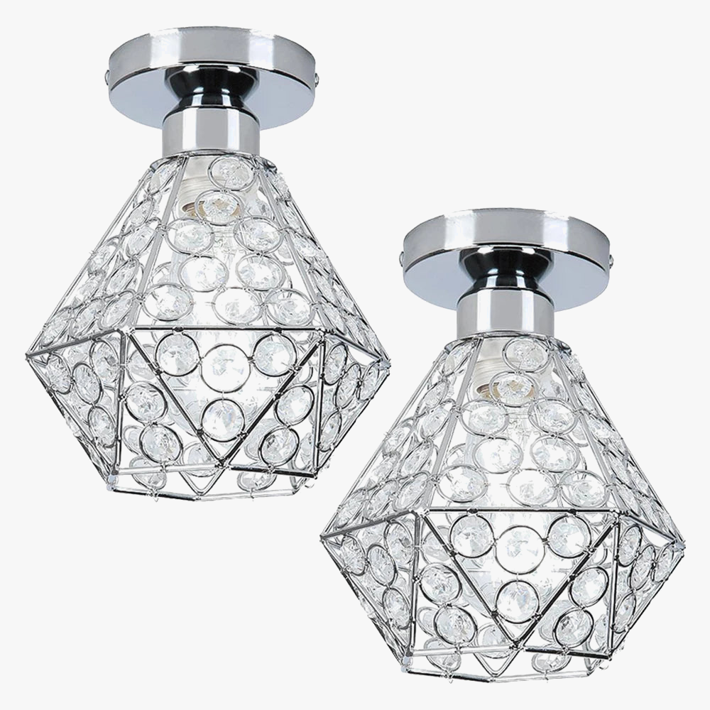 Pair of Maison Ornate Modern crystal chandeliers with chrome geometric frames and circular crystal accents.