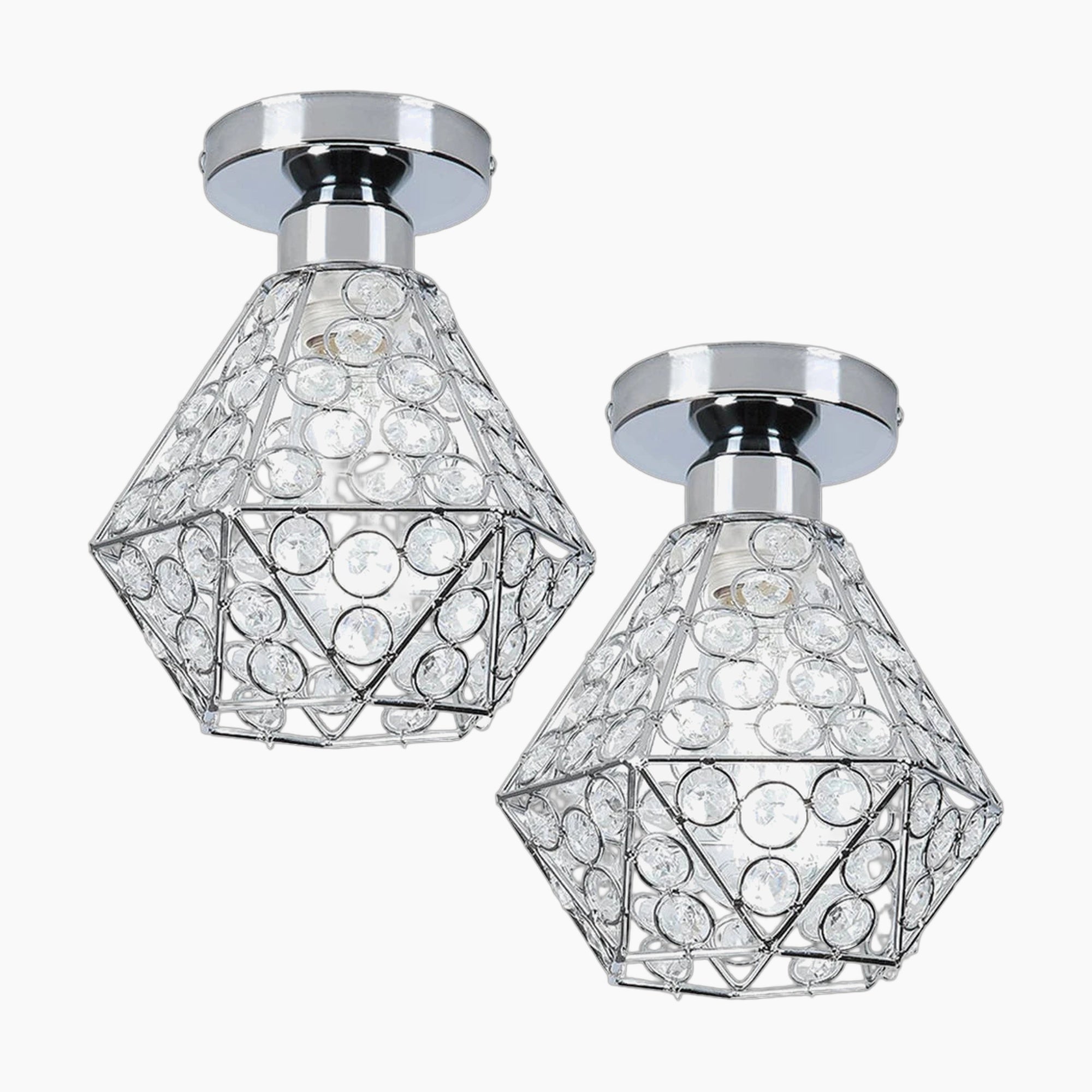 Modern chandelier with geometric diamond metal frames, circular crystal accents, and shiny chrome base.