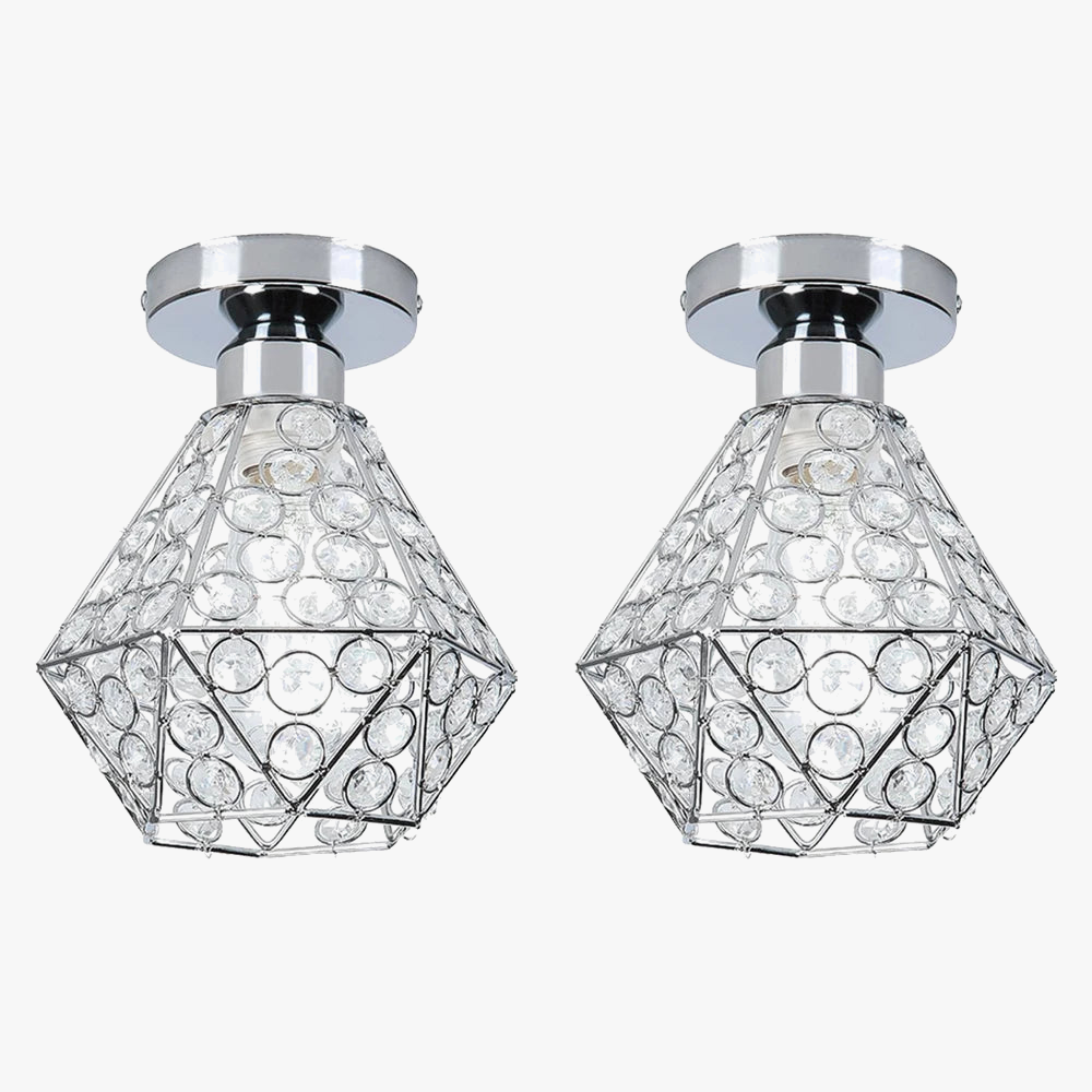 Modern crystal chandelier with geometric metal frames, chrome base, clear crystals, and transparent bulb covers.