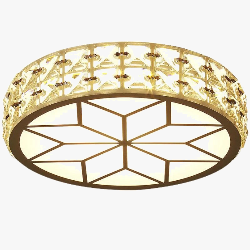 Round gold and black Art Deco chandelier with star-patterned frosted glass and crystal border.