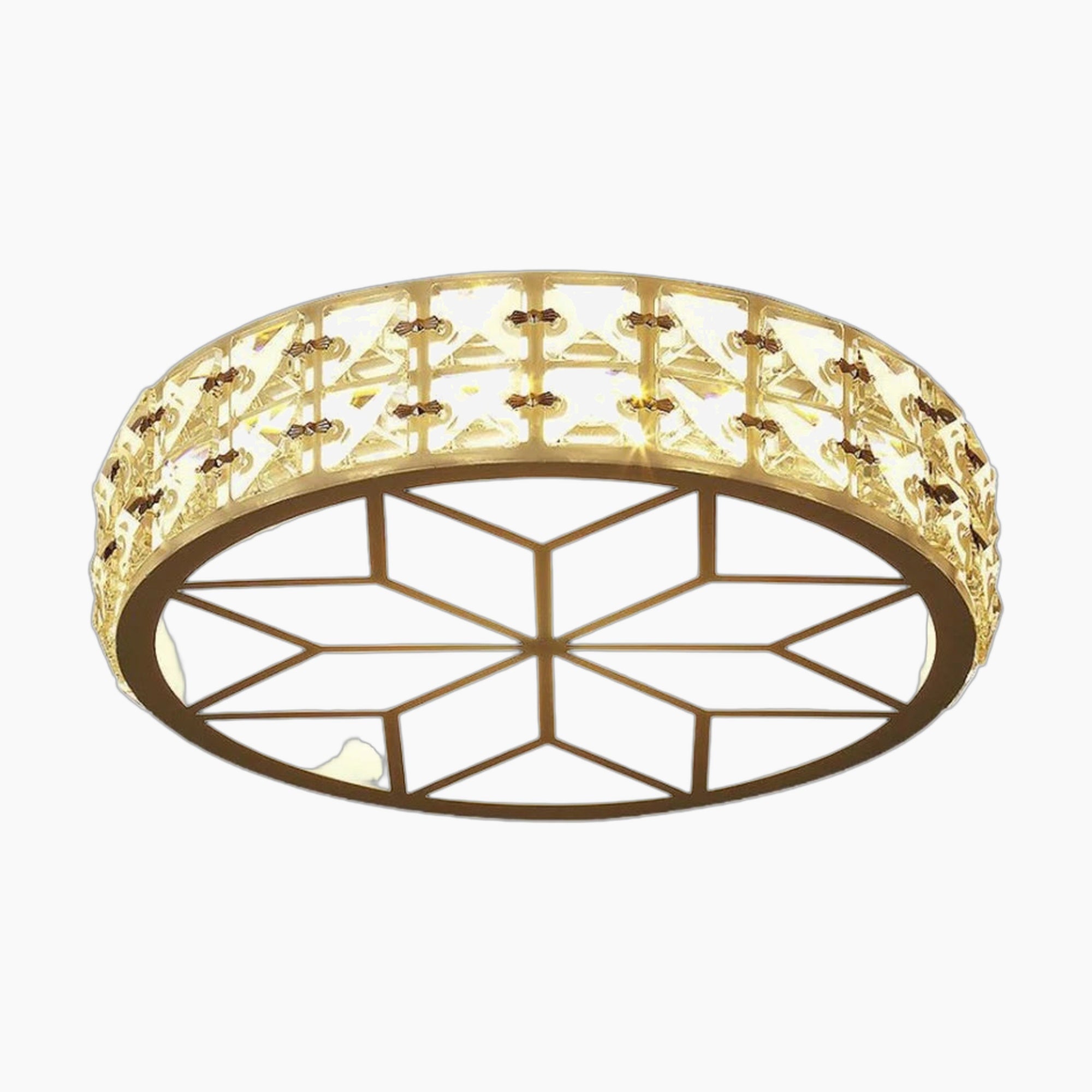Round gold and black Art Deco crystal chandelier with geometric patterns and inner illumination.