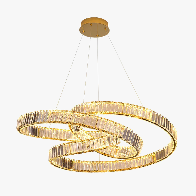 Minimalist LED chandelier with gold crystal rings, slim wires, round mount; warm modern elegance.