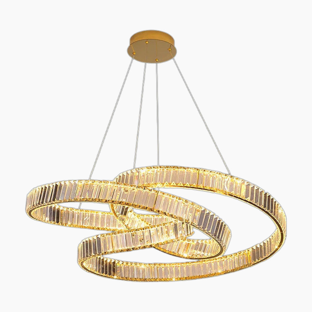 Maison Ornate Art Deco Chandelier with gold LED rings, elegantly suspended for modern crystal-inspired style.