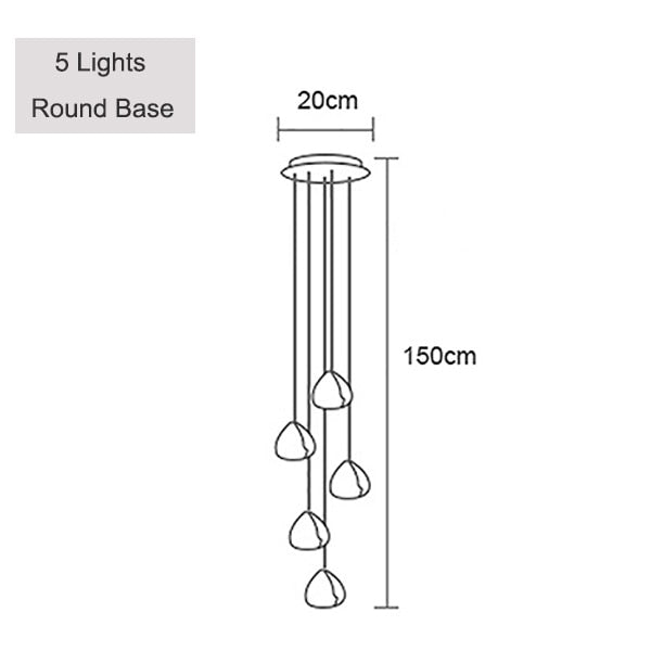 Line drawing of a modern LED crystal icicle chandelier, 5 lights, round base, 20x150cm.