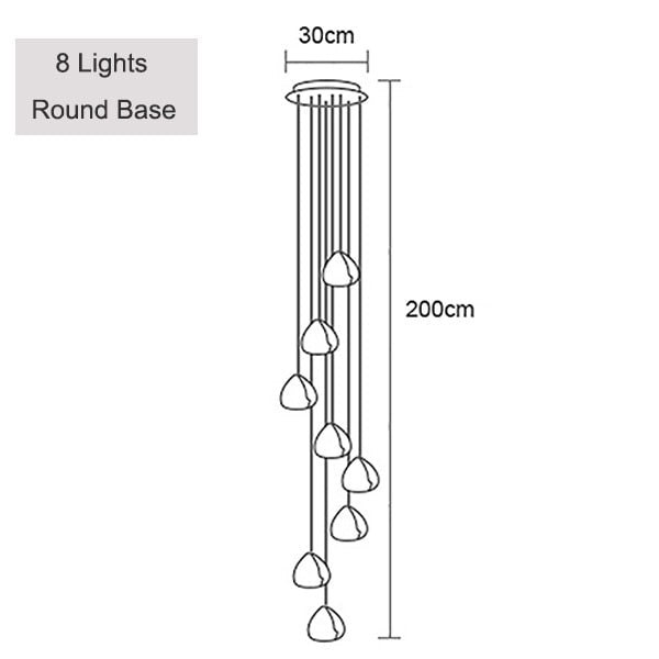 Line art of Modern LED Crystal Icicle chandelier, 8 lights on a round 30cm base.