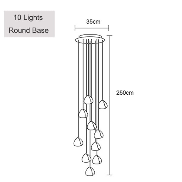 Line drawing of Maison Ornate Modern LED Crystal Icicle chandelier, 10 pendant lights, 35 cm base.
