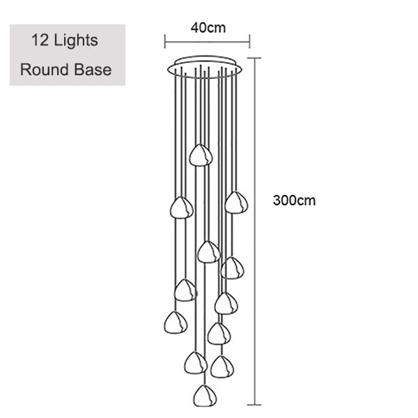 Line drawing of Maison Ornate Modern LED Crystal Icicle Chandelier with 12 varied-length pendants from a round base.