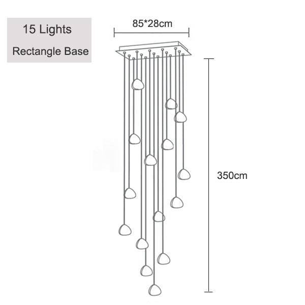 Line drawing of Maison Ornate Modern LED Crystal Icicle chandelier, 15 lights, staggered cords, rectangular base.
