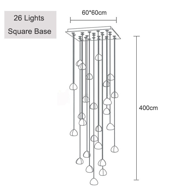 Modern LED crystal icicle chandelier with square 60x60 cm base, 26 varying-height pendants, max 400 cm drop.