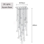 Modern LED crystal icicle chandelier with square 60x60 cm base, 26 varying-height pendants, max 400 cm drop.