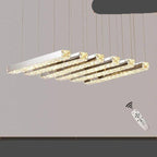 Maison Ornate Modern Crystal Chandelier with seven staggered LED bars and glass tassels, remote-controlled.