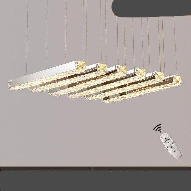 Maison Ornate Modern Crystal Chandelier with seven staggered LED bars and glass tassels, remote-controlled.