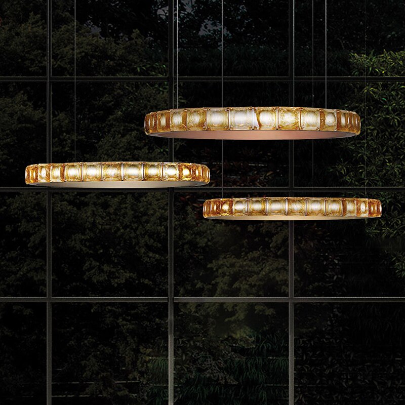 Three Maison Ornate Modern LED Crystal Ring Chandeliers, detailed with sparkling diamonds in concentric rings.