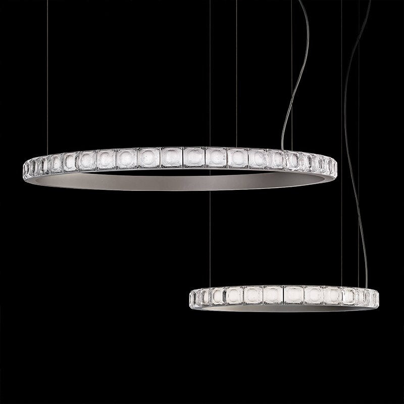 Two Maison Ornate Modern LED Crystal Ring Chandeliers with clear glass block edges and diamond accents.