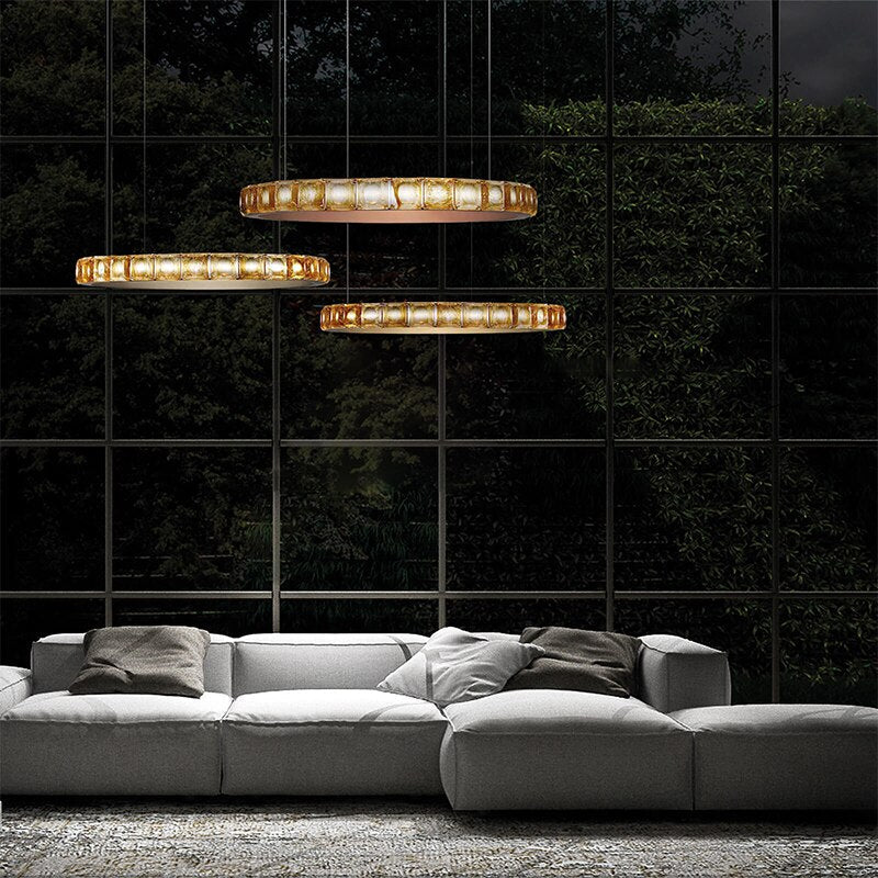 Maison Ornate Modern LED Crystal Ring with Diamonds Chandelier suspended elegantly from the ceiling.