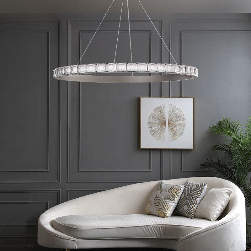 Maison Ornate Modern LED Crystal Ring Chandelier featuring sparkling diamond accents and elegant circular design.