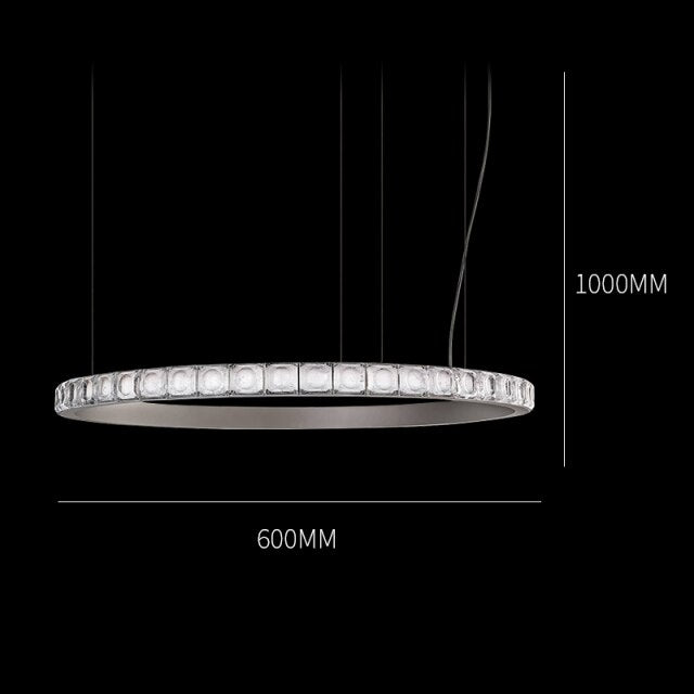 Maison Ornate Modern LED Crystal Ring Chandelier with diamond-like edge, wire-suspended, 1000mm by 600mm.