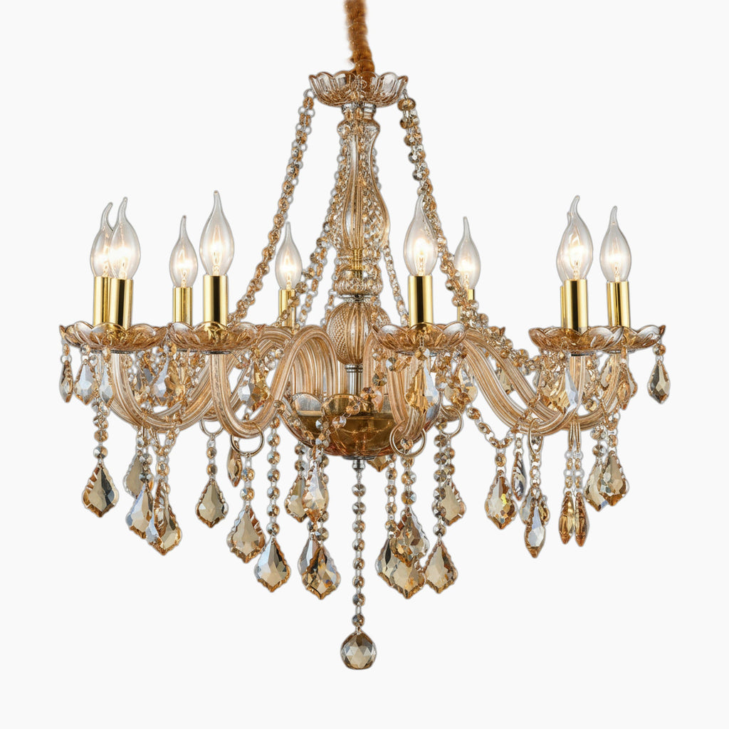 Elegant golden amber K9 crystal chandelier with eight E14 candle lights and ornate gold metal.