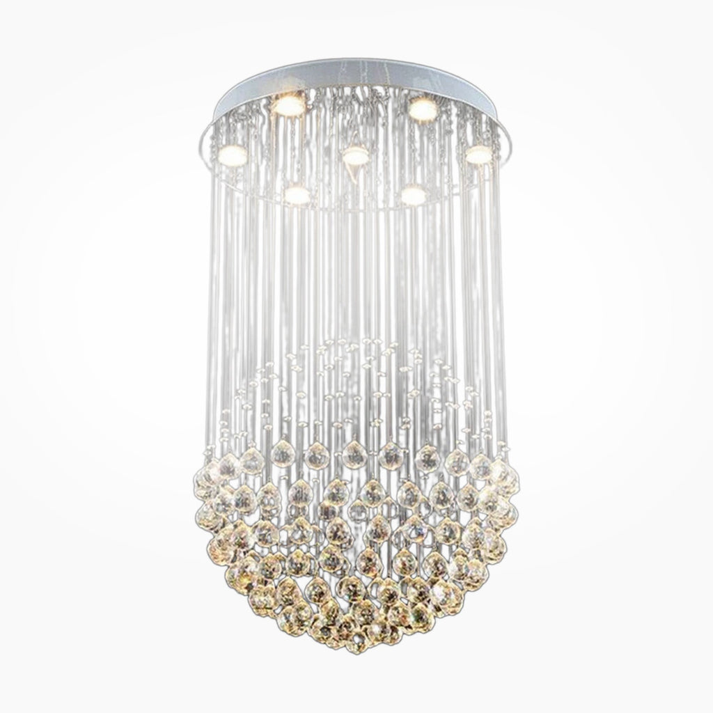 Maison Ornate Modern Spherical Crystal Chandelier with chrome rods, hanging crystal spheres, and LED illumination.