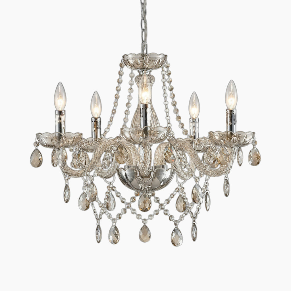 Maison Ornate Modern K9 Crystal 5-Light Chandelier with candle bulbs, crystal beads, teardrop accents, and chain suspension.