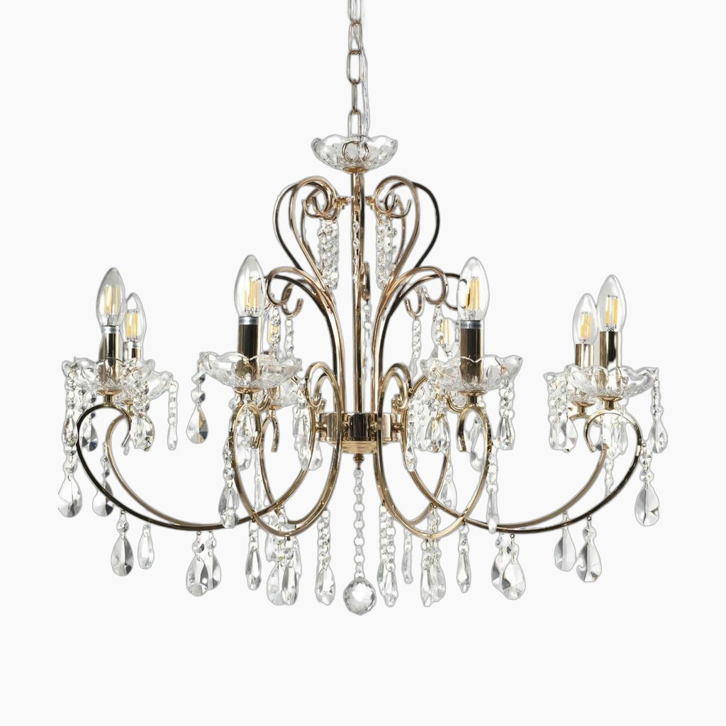 Maison Ornate Rose Gold Baroque Chandelier with 8 arms, E14 bulbs, ornate frame, clear crystals.