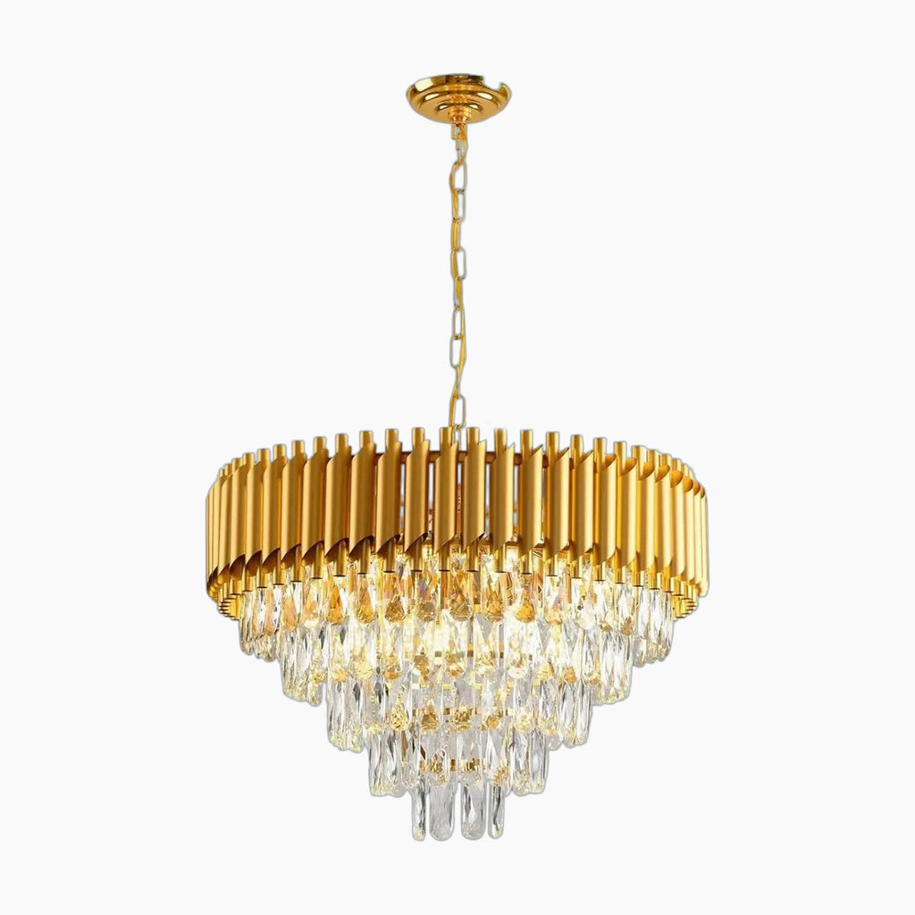 Five-level round chandelier with gold frame and rain-effect crystals, elegantly tiered and ceiling-mounted.