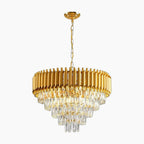 Five-level round chandelier with gold frame and rain-effect crystals, elegantly tiered and ceiling-mounted.