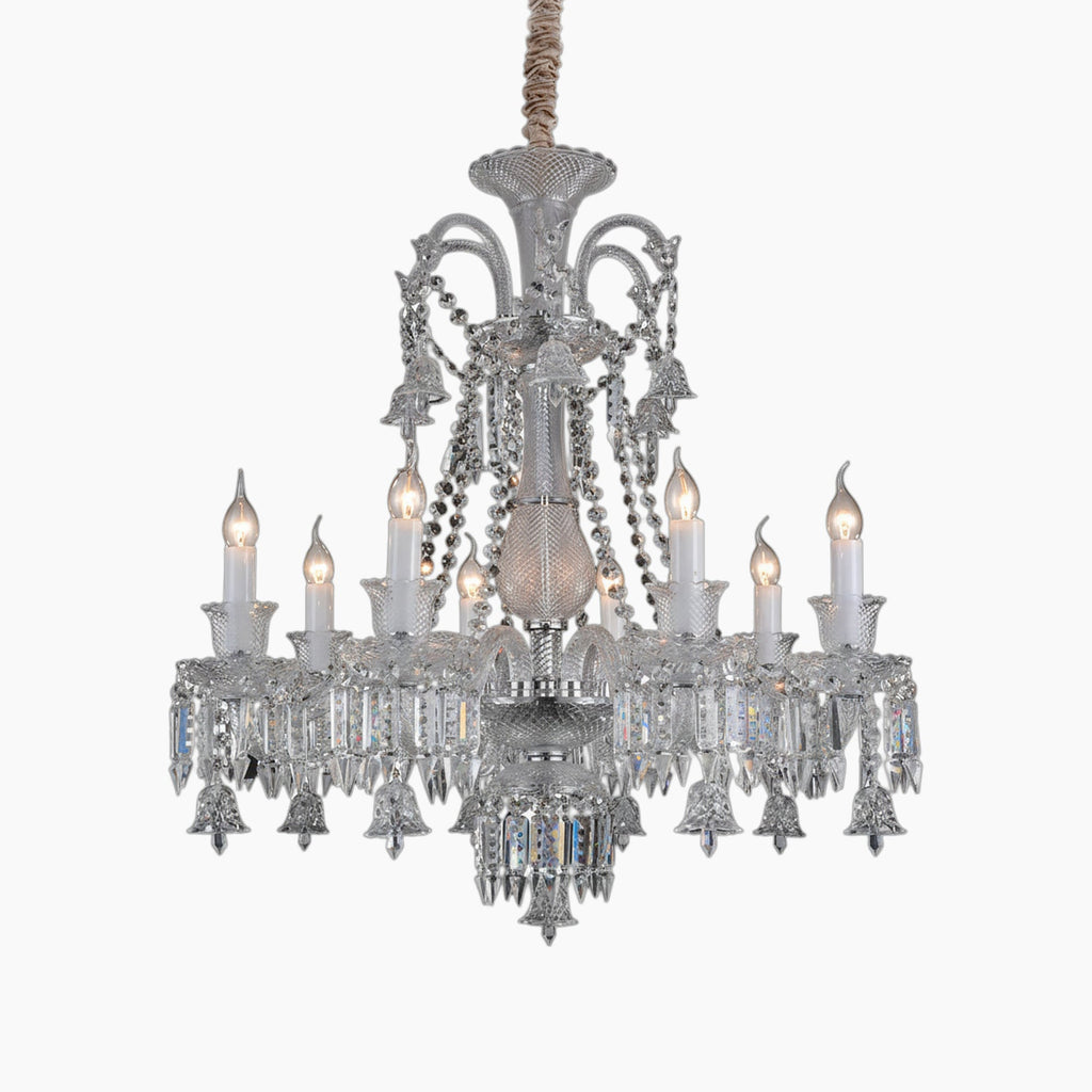 Maison Ornate Chandelier with 8 transparent arms, E14 candle lights, crystals, prisms, and rope-wrapped chain.