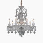 Maison Ornate Chandelier with 8 transparent arms, E14 candle lights, crystals, prisms, and rope-wrapped chain.