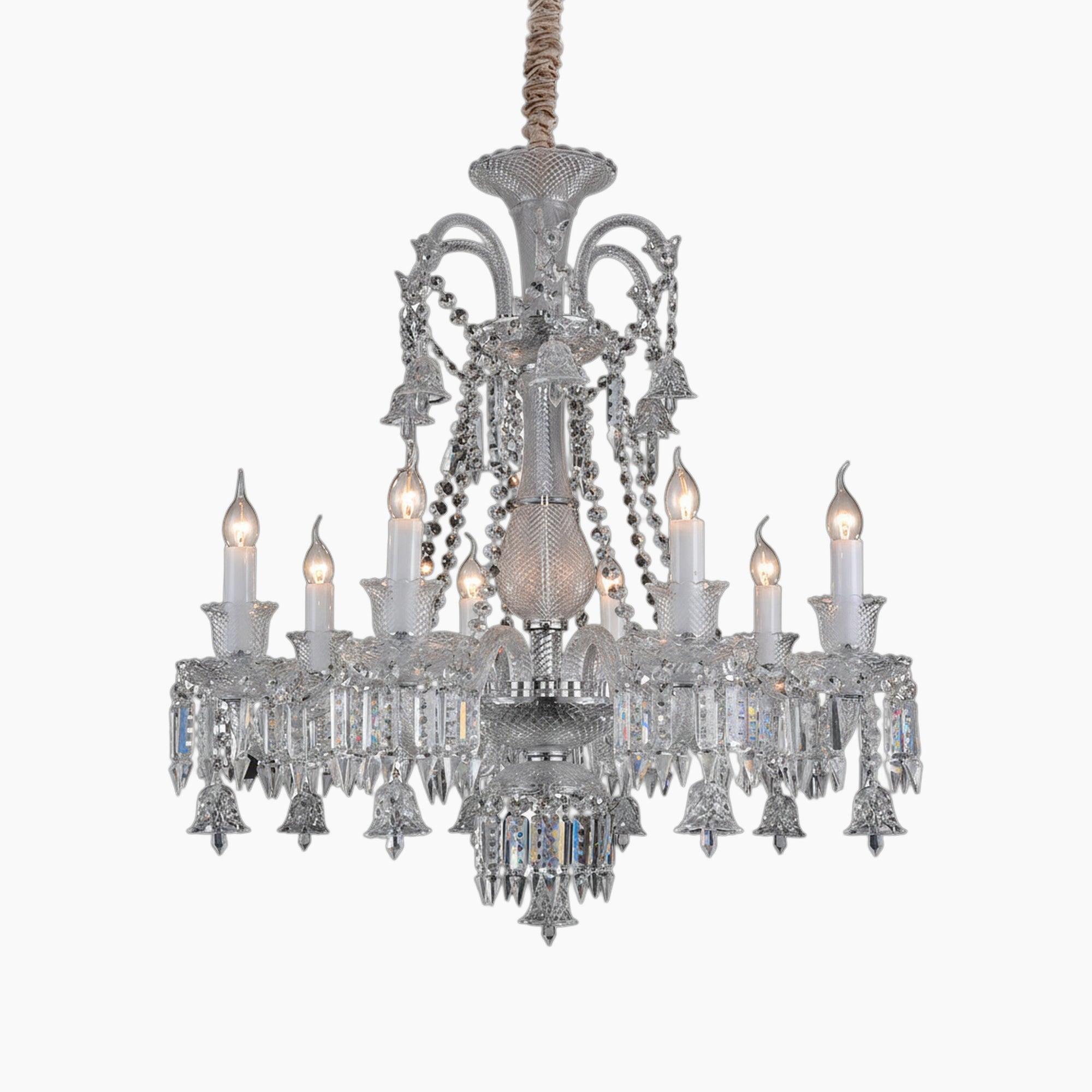 Maison Ornate Chandelier with 8 transparent arms, E14 candle lights, crystals, prisms, and rope-wrapped chain.