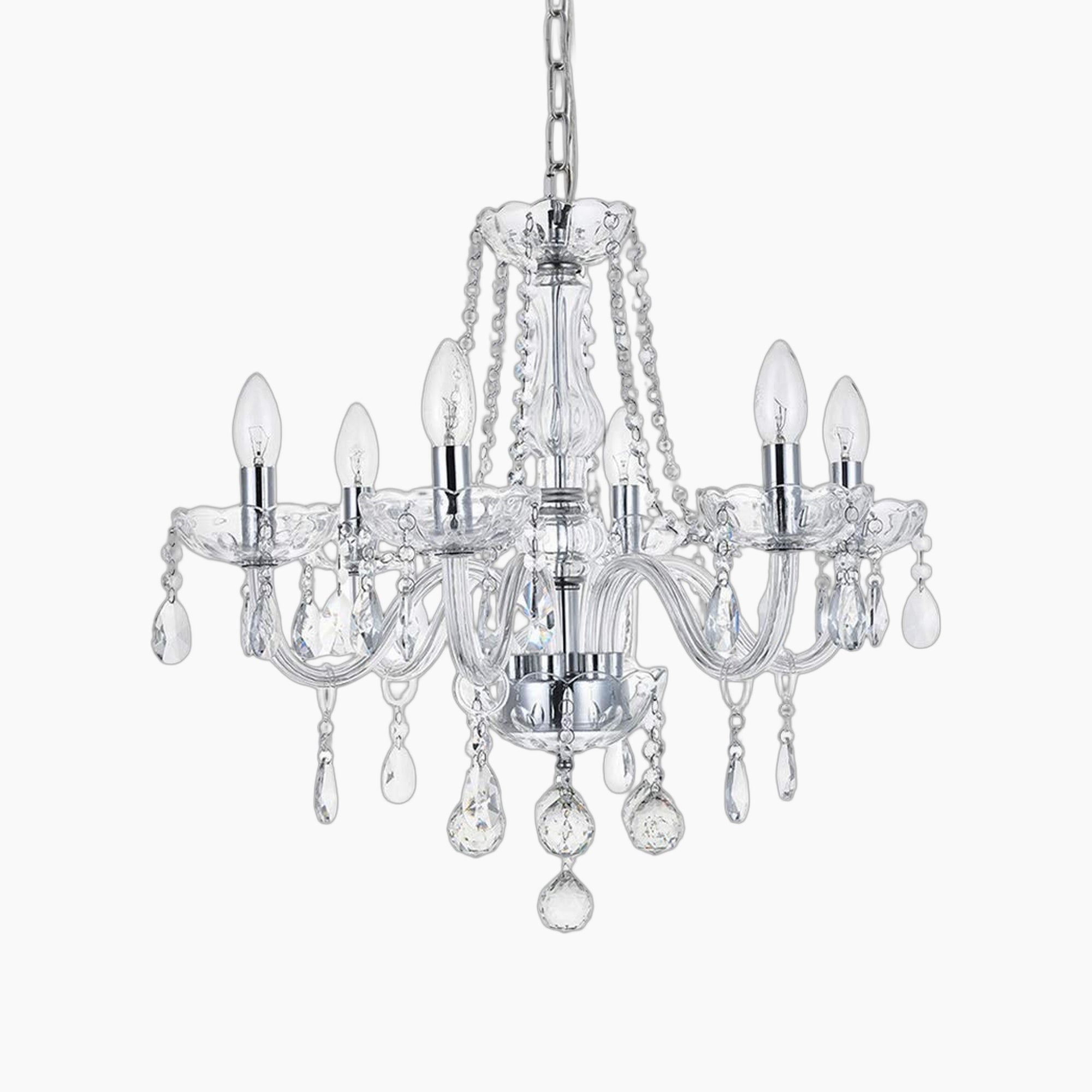Maison Ornate Crystal Chandelier with chrome frame, 6 arms, K9 beads, candle bulbs, teardrop pendants.