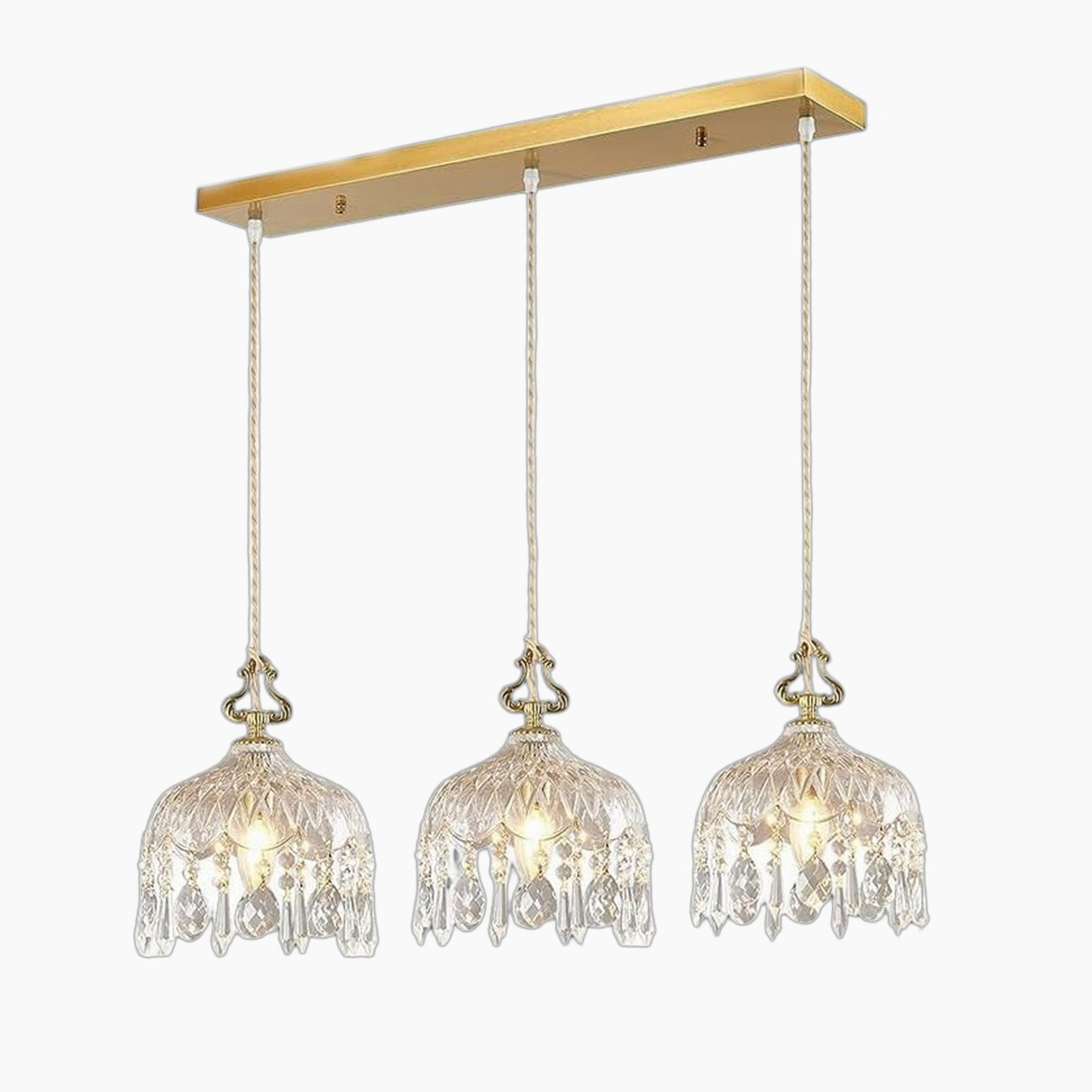 Three crystal pendant chandelier with elegant glass shades and gold mount in mid-century style.