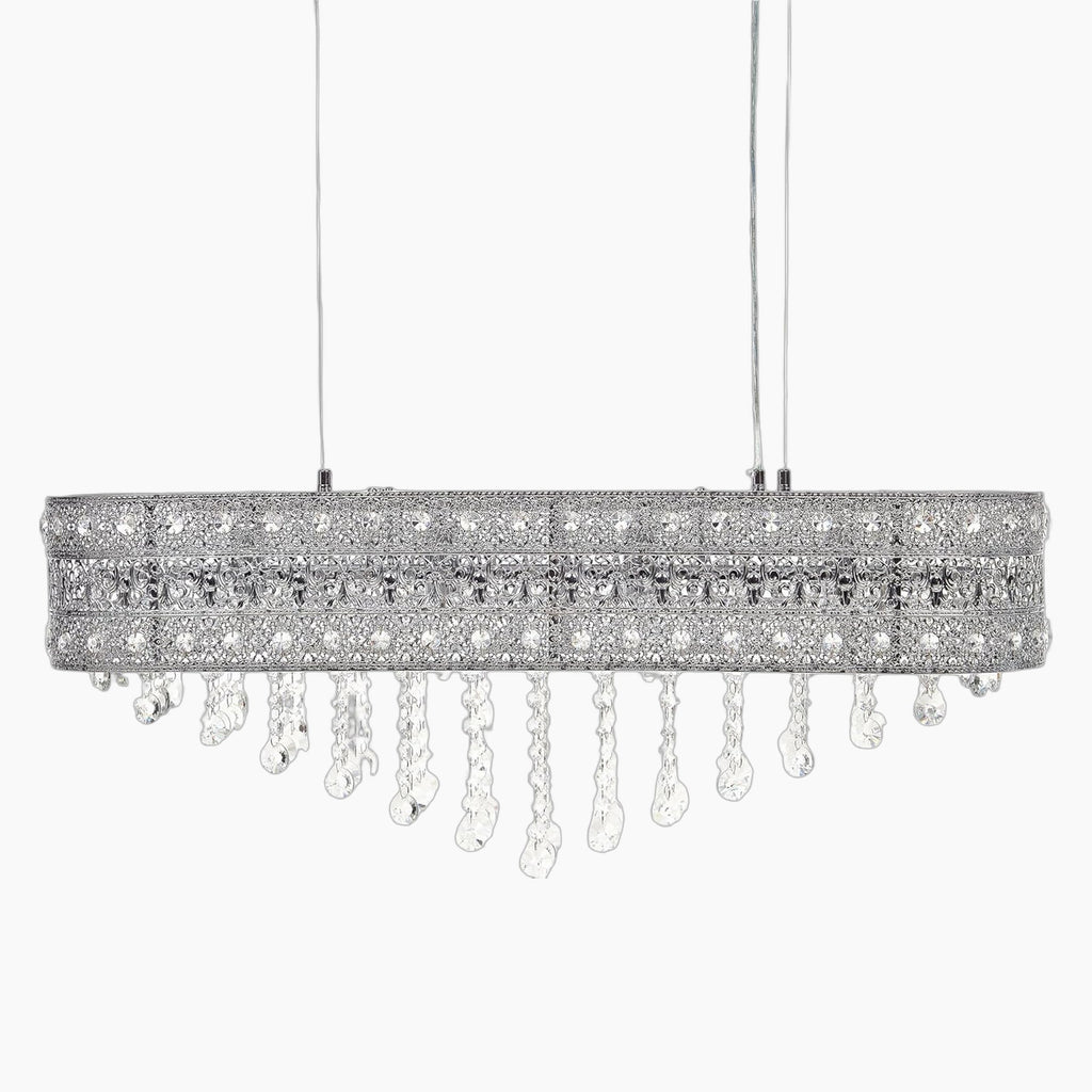 Elegant chrome-finished chandelier with intricate metalwork and clear hanging crystals, suspended by two wires.