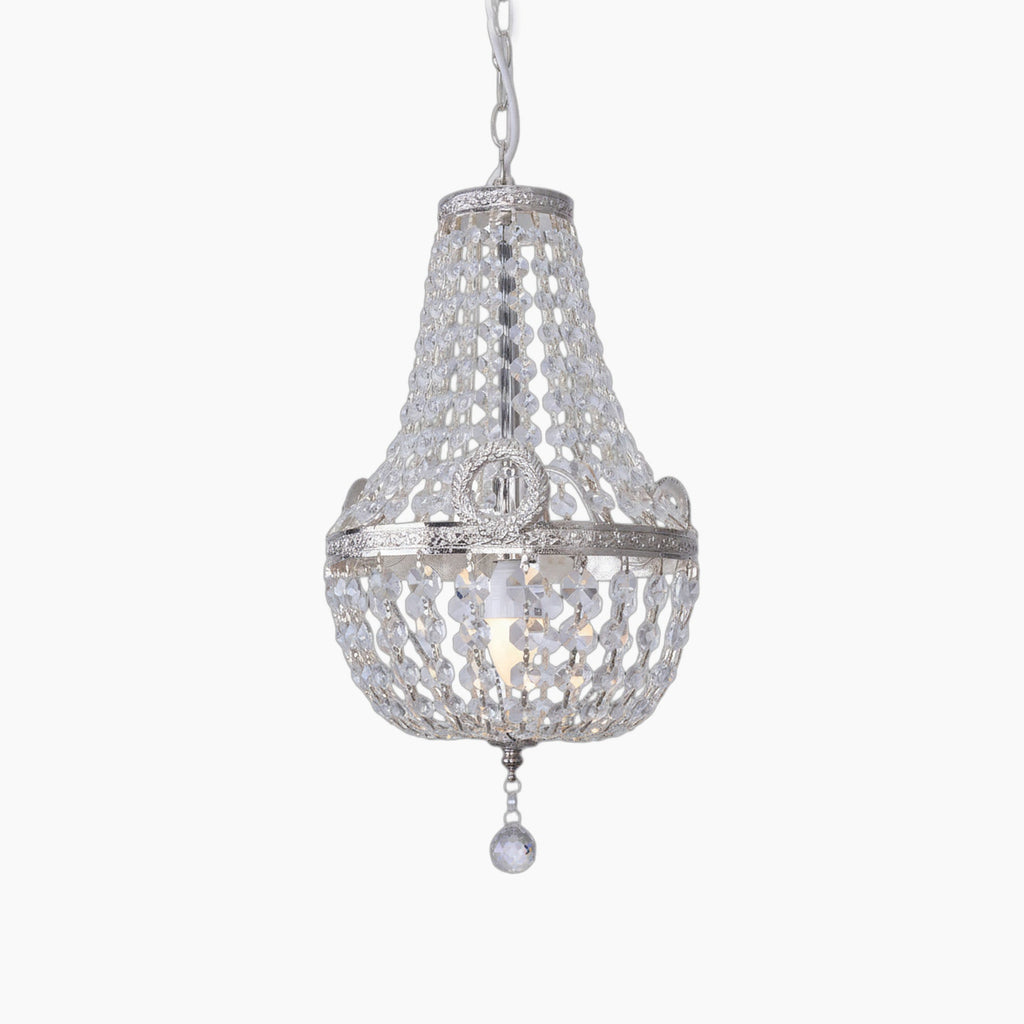 Antique-style silver chandelier with clear beads and crystal drop, hot air balloon-inspired design.