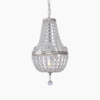 Antique-style silver chandelier with clear beads and crystal drop, hot air balloon-inspired design.