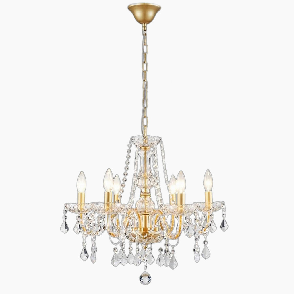 Six-light Baroque gold chandelier by Maison Ornate with crystals, candle-style bulbs, adjustable height.