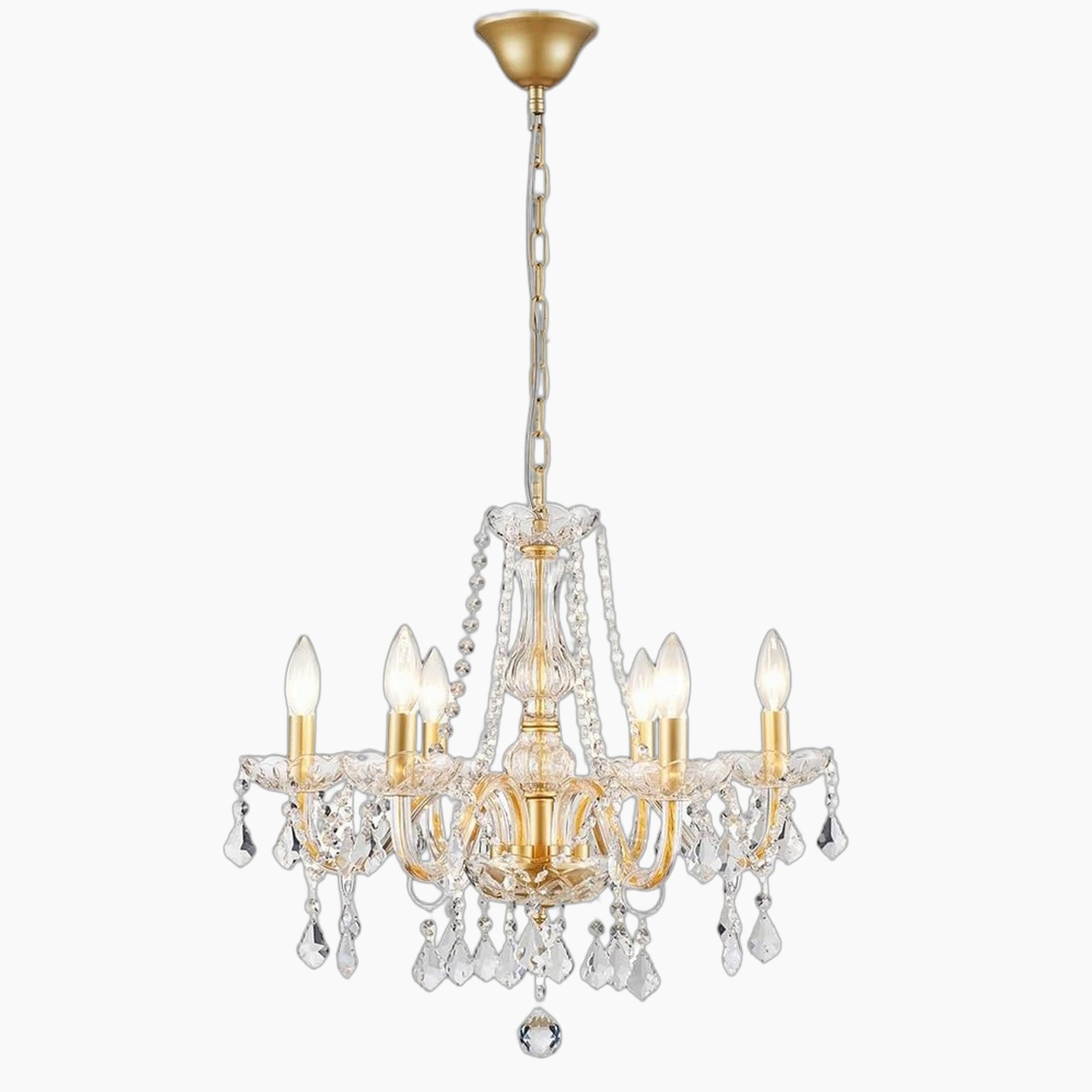 Six-light Baroque gold chandelier by Maison Ornate with crystals, candle-style bulbs, adjustable height.
