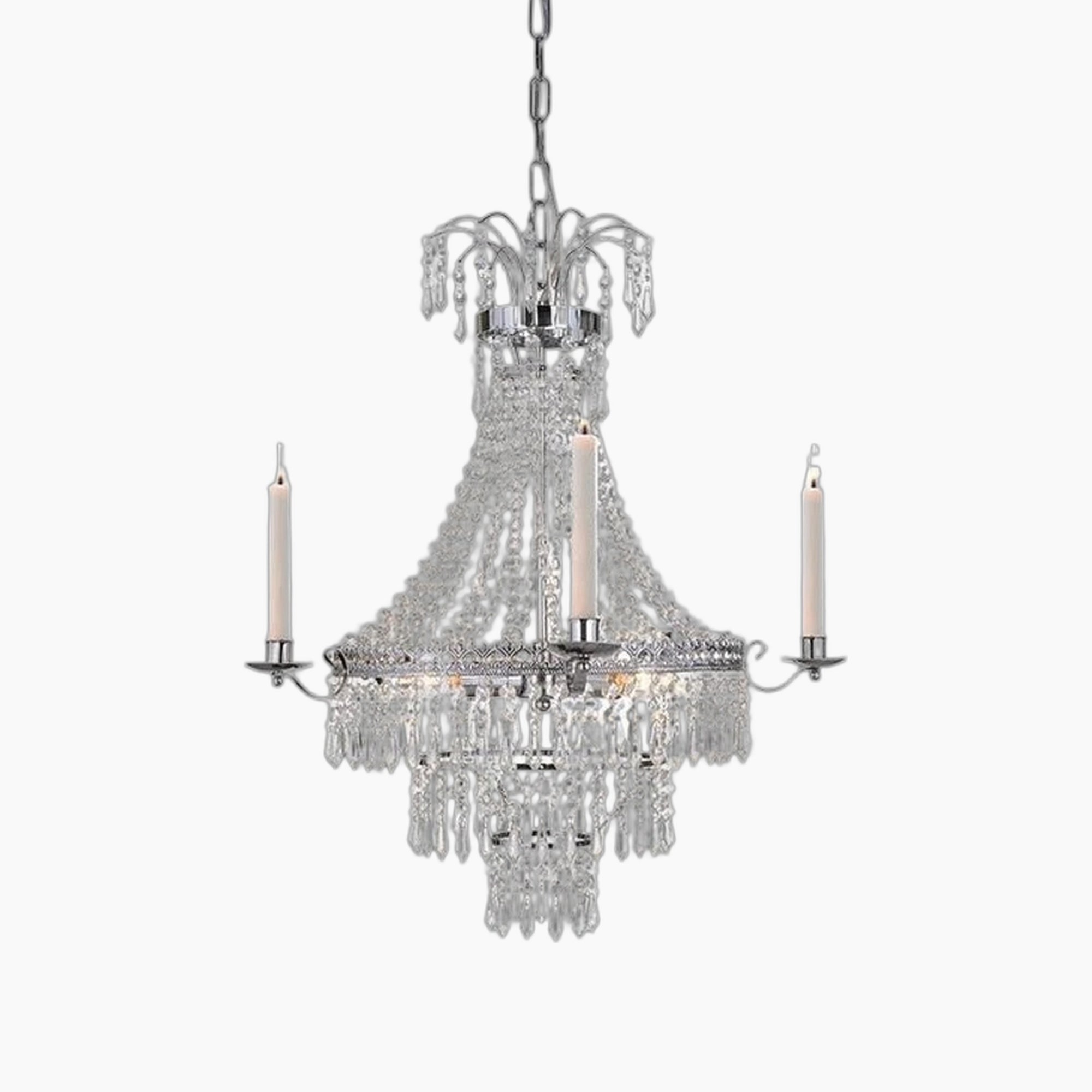 Ornate crystal chandelier with modern prisms, candle-style E14 lights, and elegant chain suspension.